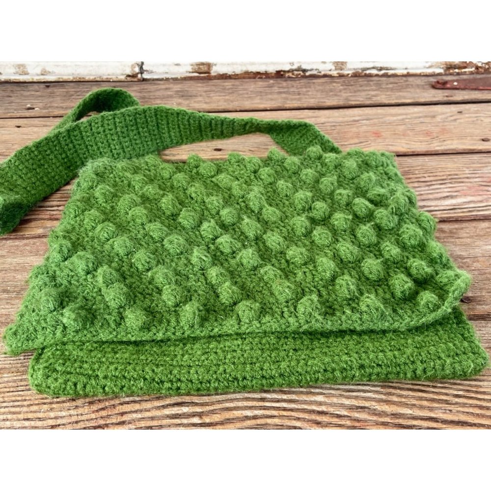 Vintage 1970s Kelley green Popcorn Crochet Purse MOD Retro - Picture 6 of 8